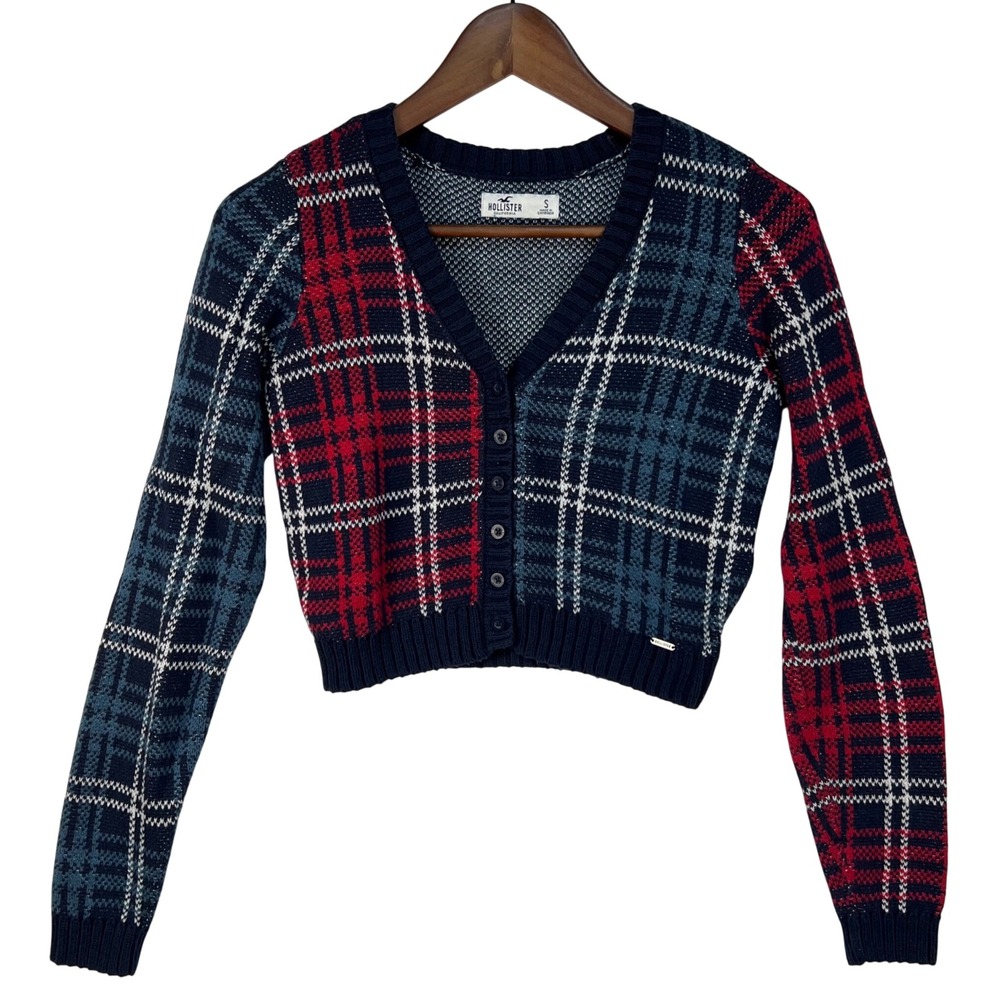 Hollister Cardigan Sweater Womens S Tartan Navy Red Plaid Cropped V-Neck Preppy